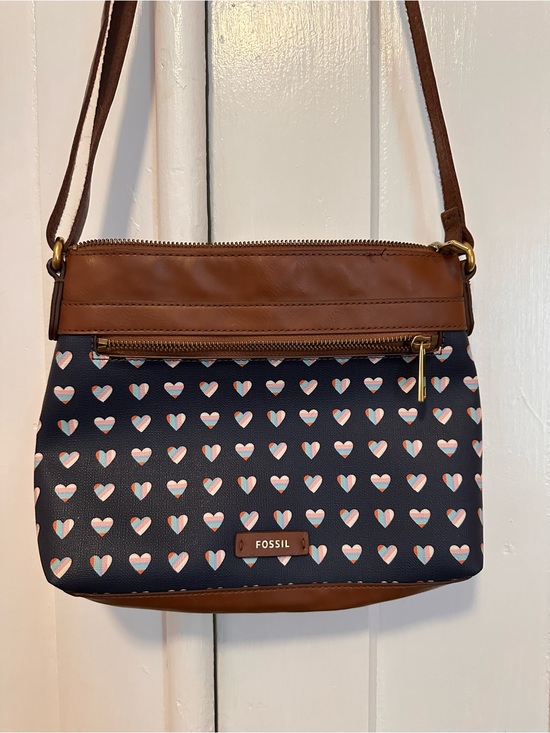Fossil Handbags - Fossil Navy Crossbody Bag with Brown Trim and Heart Print